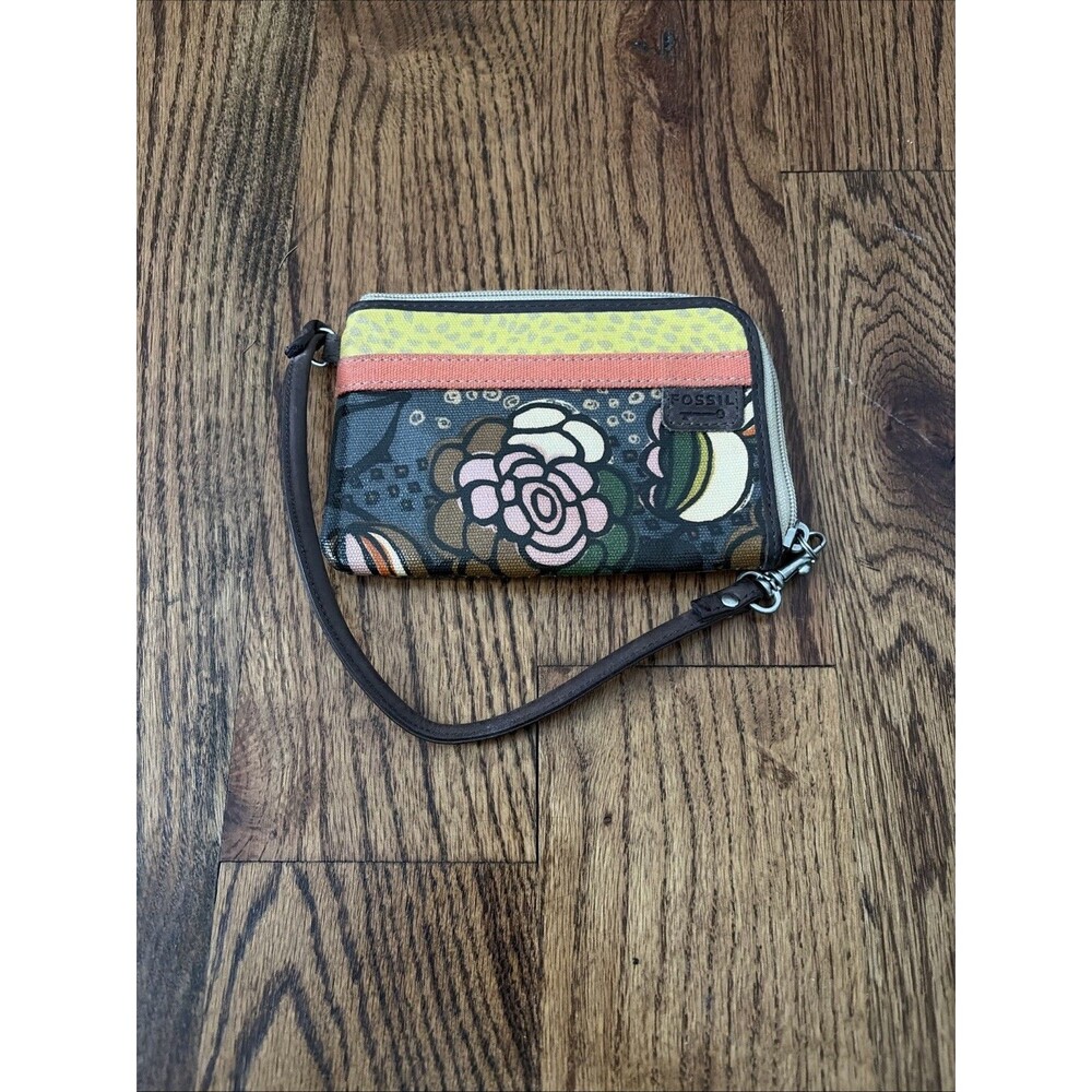Fossil Key-per Small Multicolor Canvas Leather Trim Wristlet Pouch Wallet